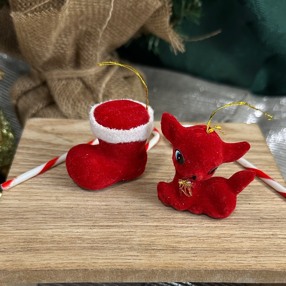 Vintage Christmas Small Red Flocked Deer & Stocking/Boot Figure‎ Ornament Bundle